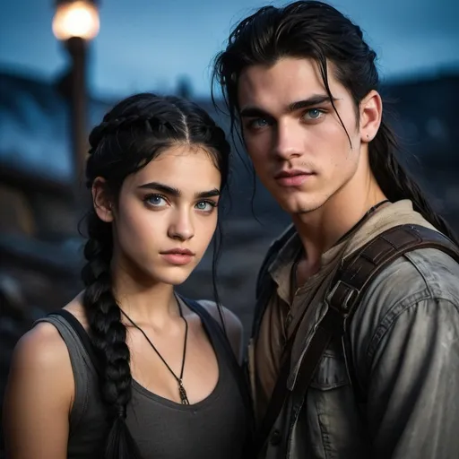 Prompt: Handsome 18-year-old young male with longish black hair and blue eyes, standing next to 22 year old girlfriend that looks like sofia boutella, amber eyes her braided hair, post apocalypse winter intense low light atmosphere, dramatic lighting, dynamic composition, gritty, captive, rebellious, detailed features, highres, intense lighting, emotional, gothic, detailed expression, atmospheric lighting, gritty