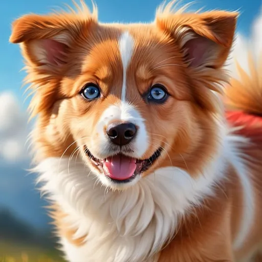 Prompt: High-quality digital illustration of a cheerful puppy, one brown eye and one piercing sky blue eye, vibrant red fur with long wagging tail,  adorable expression, realistic digital painting, detailed fur with soft textures, warm and inviting color palette, natural lighting, best quality, detailed eyes, vibrant colors, heartwarming, realistic, cheerful mood