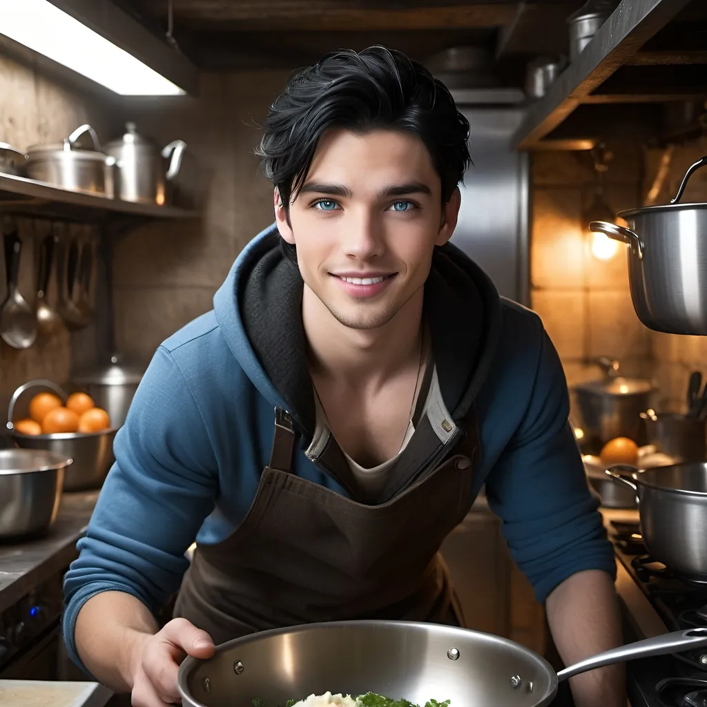 Prompt: handsome, black hair, blue-eyed young man, innocent face,  smiling, underground, cooking in the kitchen, intense atmosphere, dramatic  low  professional lighting, winter, post apocalyptic urban fantasy setting, dramatic lighting, intricate architectural details, high quality, realistic fantasy, urban setting, detailed expressions, dramatic lighting, 