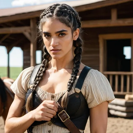 Prompt:   woman with braided hair and sofia Boutella features ready for fight, a baby strapped to her chest, and braided hair western, set in travel, midwest farm
