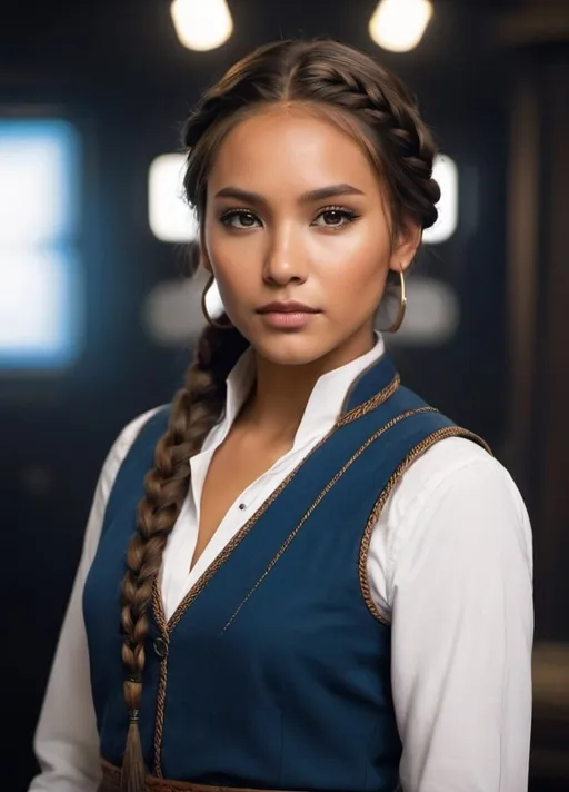 Prompt: native american features, Futuristic character in 2880, , brown golden eyes, long white sleeves rolled up, conservative blue vest of rough materials, neatly tied black top braid, high-quality, detailed, futuristic, historical, vintage, detailed eyes, professional, atmospheric lighting, classic tones