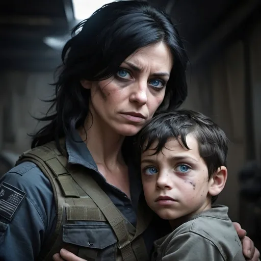 Prompt: dark black hair
the mother's protective supports   her small  injured seven year old  blue eye son with handsome dark  black hair.  rebels, 
 gritty,  Moody light, cinematic, warzone,, terrorists,, dramatic lighting, tactical , cargo pants
