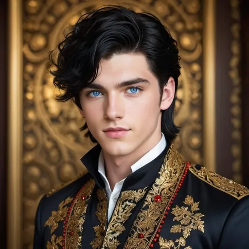 Prompt: a handsome 20-year-old man with black hair and blue eyes,clothes, said he’d match her for the evening. It was a black jacket with strange stitches and pieces that made it fit perfectly, Gold and red thread glimmered ornate designs over the entire thing and the buttons were made of solid gold. He’d worn his own boots but they had polished them 