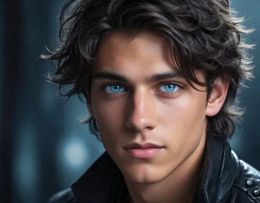 Prompt: Young tanned man with deep black disheveled hair, cool-toned digital illustration, icy blue eyes, 15 years old, Eric Roberts-like appearance, Rhysand's manners, detailed facial features, moody lighting, fantasy, cool tones, highres, digital art, detailed eyes, disheveled hair, atmospheric lighting, detailed facial features
