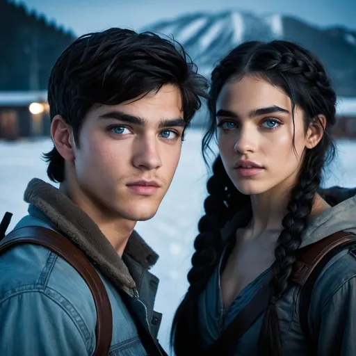 Prompt: handsome 18-year-old young man with  black hair and innocent icy blue eyes, sweet face, standing next to woman that looks like sofia boutella with brown eyes, her braided hair, post apocalypse winter intense low light atmosphere, dramatic lighting, dynamic composition,  intense lighting, emotional,