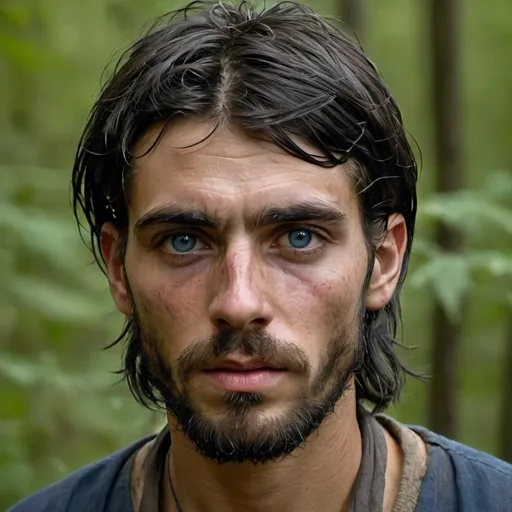 Prompt: Handsome but starved, holocaust thin, emaciated, 22-year-old with longish black hair and  long bangs, gaunt, beard and intense blue eyes, bruises, convict, thin, heavy beard, escaped at night, injured, in woods,  big beard, escaping 1880's prison, tattered , poor ripped, old, dirty clothes, gaunt, battle injury, future, poverty, rebels, war, refugee rebels, gritty, escape, on the run, evade, night time, facial hair, sorrowful
