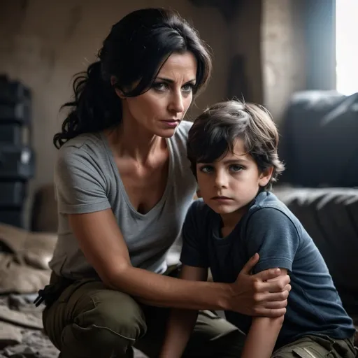 Prompt: 
the mother's protective supports   her small  injured seven year old son handsome dark hair.  rebels, 
 gritty,  Moody light, cinematic, warzone,, terrorists,, dramatic lighting, tactical , cargo pants
