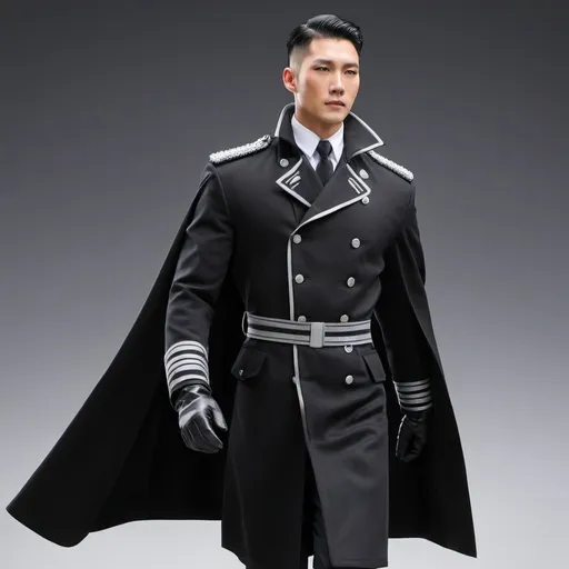 Prompt: Yoogark, a handsome tall asian looking  with a high and tight haircut, his full length long black uniform coat, the sleeves striped with silver cords, special inspector division, the silver striped collar,  a thin white scarf around his neck . The midsection of coat covered with a heavy  criss-cross of silver stitching- 
