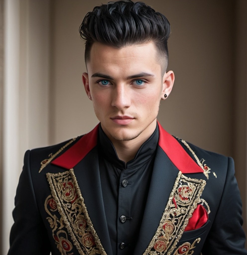 Prompt: Handsome 24-year-old with black hair, mohawk, and intense blue eyes, wearing a black dinner jacket with ornate gold and red thread designs, battle injury, future, rebels, war, refugee  rebels, scarred, sophisticated, elegant, stylish, , mohawk, dinner setting, 
