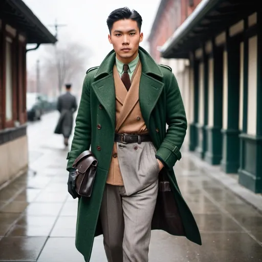 Prompt: 1940's young Asian man, Brown casual boots, a green shirt, a dark gray wool sweater. a long gray trench coat. Only his leather gloves, black satchel.  hight and tight sharp haircut.
