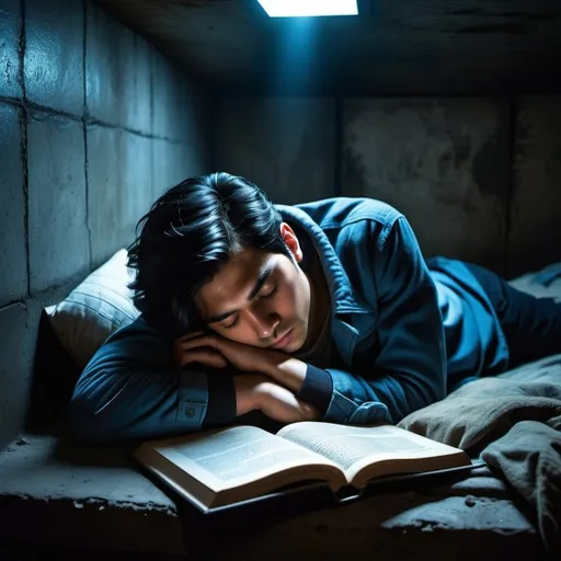 Prompt:  windowless,  large dark bunker room underground, a young man with black hair blue tones, laying  asleep, a book on his chest,  brutalism style bedroom, windowless, dark , resistance, rebels, dark bunker room underground, cinematic, dramatic, moody lighting, sleeping, eyes closed, exhausted, gritty, detailed facial expression, dramatic storytelling