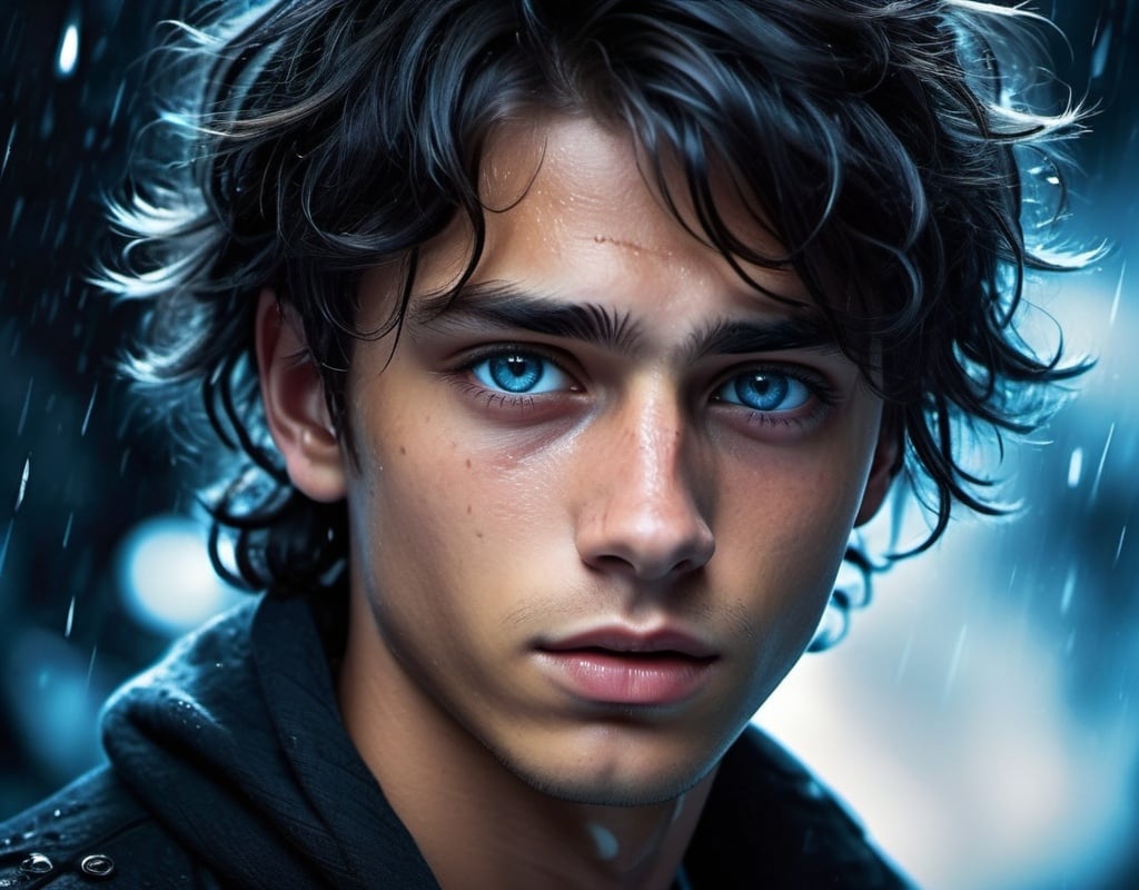 Prompt: Young tanned man with deep black disheveled hair, cool-toned digital illustration, icy blue eyes,  tears in his eyes, 15 years old, a strong jaw Tim Chamalet-like appearance, Rhysand's manners, detailed facial features, moody lighting, fantasy, cool tones, highres, digital art, detailed eyes, disheveled hair, atmospheric lighting, detailed facial features