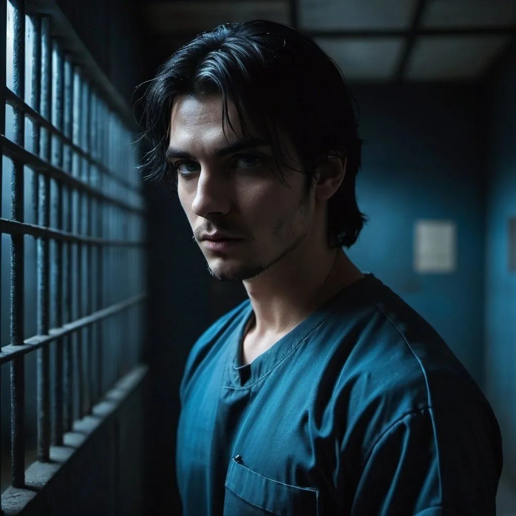 Prompt: Black prison walls, gothic, dark cells.  a cruel, mean prison guard wearing baclava, dark moody, gritty, cold, cinematic. . on the prison floor is in prison cell is a  handsome young man with black hair in face, young icy blue eyes, future post modern,