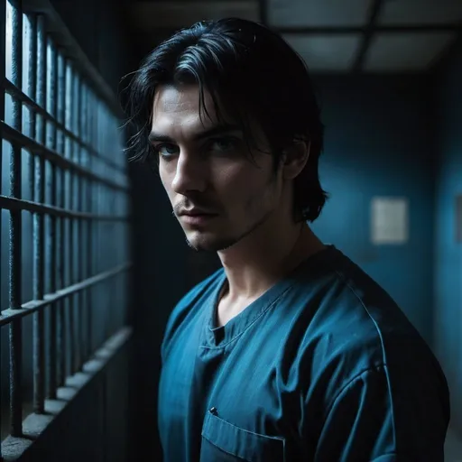 Prompt: Black prison walls, gothic, dark cells.  a cruel, mean prison guard wearing baclava, dark moody, gritty, cold, cinematic. . on the prison floor is in prison cell is a  handsome young man with black hair in face, young icy blue eyes, future post modern,