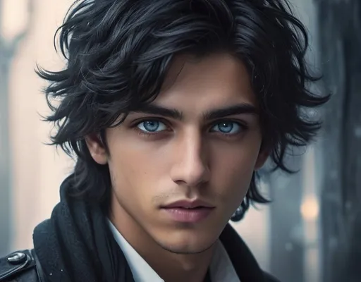 Prompt: Young arab man with deep black disheveled hair, cool-toned digital illustration, icy blue eyes, 15 years old, Eric Roberts-like appearance, Rhysand's manners, detailed facial features, moody lighting, fantasy, cool tones, highres, digital art, detailed eyes, disheveled hair, atmospheric lighting, detailed facial features