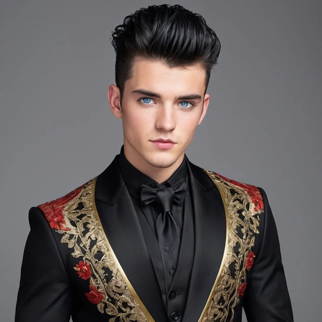 Prompt: Handsome 23-year-old with black hair, mohawk, and intense blue eyes, wearing a black dinner jacket with ornate gold and red thread designs, polished black boots, high quality, detailed, realistic, sophisticated, elegant, stylish, , mohawk, intense blue eyes, ornate dinner jacket, gold and red thread, black hair, polished boots, realistic lighting