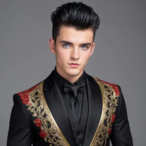 Prompt: Handsome 23-year-old with black hair, mohawk, and intense blue eyes, wearing a black dinner jacket with ornate gold and red thread designs, polished black boots, high quality, detailed, realistic, sophisticated, elegant, stylish, , mohawk, intense blue eyes, ornate dinner jacket, gold and red thread, black hair, polished boots, realistic lighting