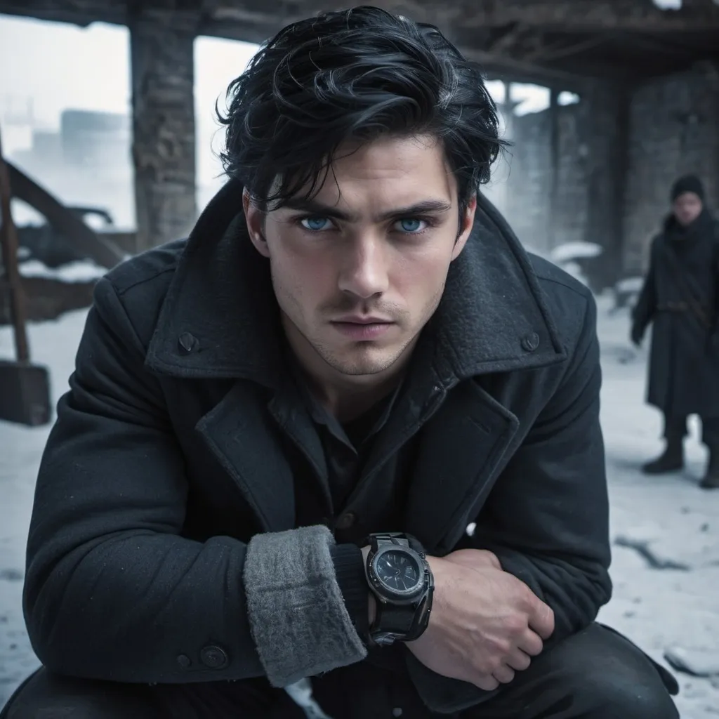 Prompt: handsome young man with (black hair, blue eyes), innocent expression, (handcuffed), surrounded by underground rebels; (intense atmosphere), (dramatic low professional lighting), set in a wintery post-apocalyptic backdrop with ruins and shadows; high tension and emotion; (ultra-detailed), representing struggle and resilience amidst chaos.