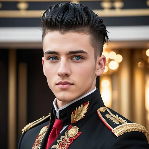 Prompt: Handsome 20-year-old with black hair, mohawk, and intense blue eyes, wearing a black dinner jacket with ornate gold and red thread designs, polished black military boots, high quality, detailed, realistic, sophisticated, elegant, stylish, war veteran, mohawk, intense blue eyes, ornate dinner jacket, gold and red thread, black hair, polished military boots, realistic lighting