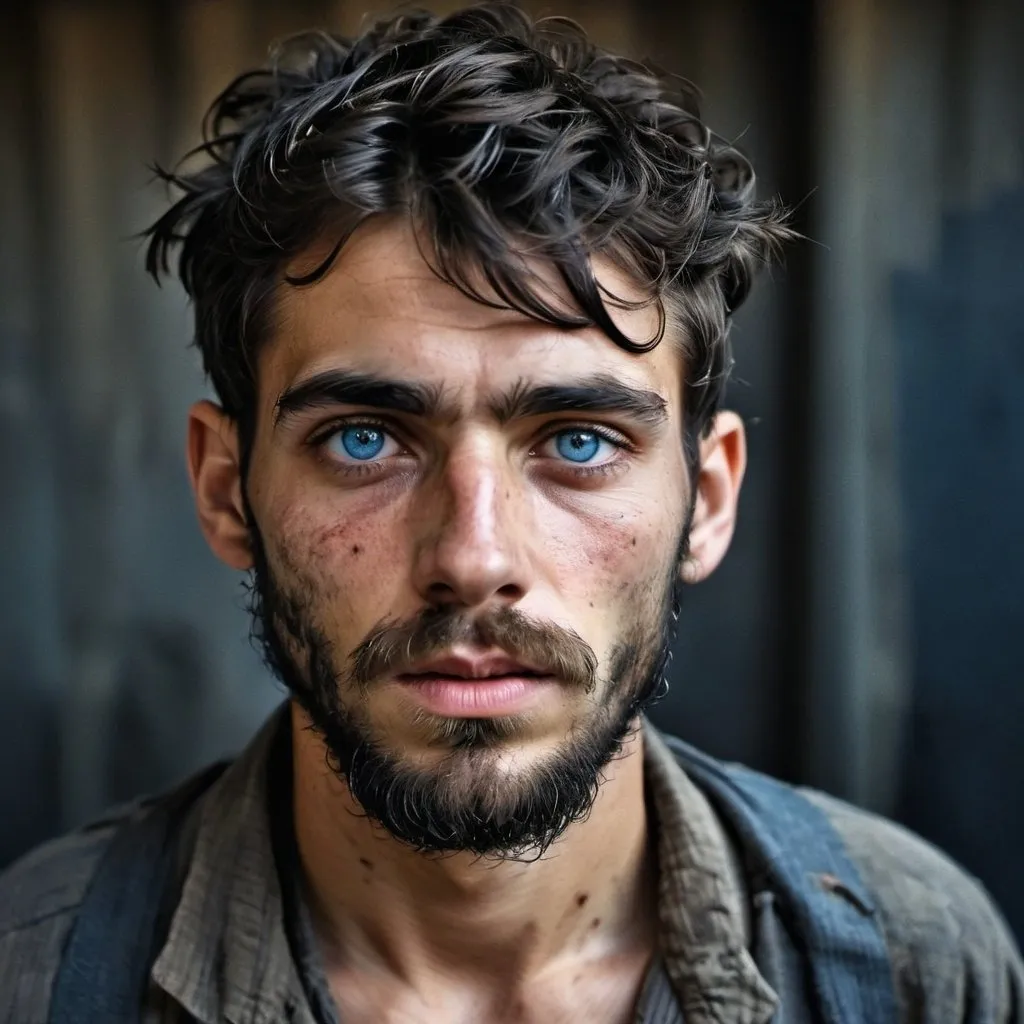 Prompt: full image, Handsome but starved, holocaust thin, emaciated, young 20-year-old with longish black hair and  long bangs, gaunt, beard and intense blue eyes, bruises, convict, thin, heavy beard, escaped at night, injured, in metal dump,  big beard, escaping 1880's prison, tattered , poor ripped, old, dirty clothes, gaunt, battle injury, future, poverty, rebels, war, refugee rebels, gritty, escape, on the run, evade, night time, facial hair, sorrowful