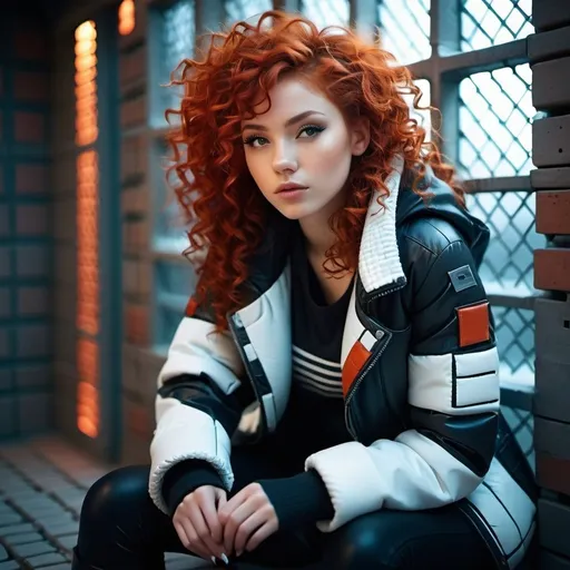 Prompt: Savvy scrappy girl in patched winter clothes, sitting in a futuristic brick prison cell, curly red hair framing her face, relaxed posture, detailed clothing textures, highres, ultra-detailed, futuristic, prison, curly hair, scrappy fashion, cool tones, dramatic lighting