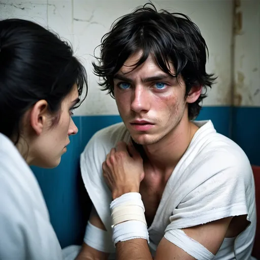 Prompt:  sickly, black hair twenty-three year old young man, icy blue eyes, sickly, thin, battle scars, escaped, injured, skinny, grime, dirt, sickly, injured, classic hand injury, white wrap both wrists with white bandage, comforts a woman with a sofia Buttella face, injured, battle weary, worry, resistance, rebels, injured, underground, gritty, sitting a table, 
