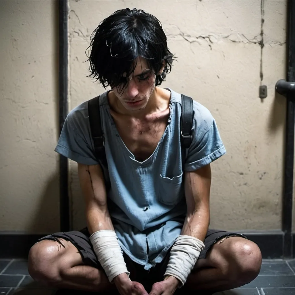 Prompt: prison interrogation, masked guards, 20 years old, black hair now longer fell over his icy blue eyes  Skinny, starved, thin. tears, crying, painful, brow pinched, tattered shirt, Emaciated hands covered in bruises, injury,  prison grime,  cold stone floor, Rebels, Resistance, scars, blisters, bruises. gritty, dark, , begging,  Gothic architecture, suffering,  kneeling, handcuffs, handsome dark hair, tears, sad, sorrow,
His brow pinched, consuming pain, weeping eyes, shackles, injury
lays on stone floor, Gritty, 

