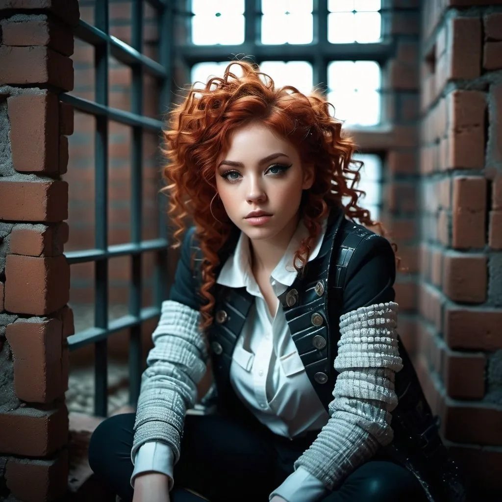 Prompt: Savvy scrappy girl in patched winter clothes, sitting in a dank poor brick prison cell, curly red hair framing her face, being givien in very ornate wood office by , detailed clothing textures, highres, ultra-detailed, futuristic, prison, curly hair, scrappy fashion, cool tones, dramatic lighting