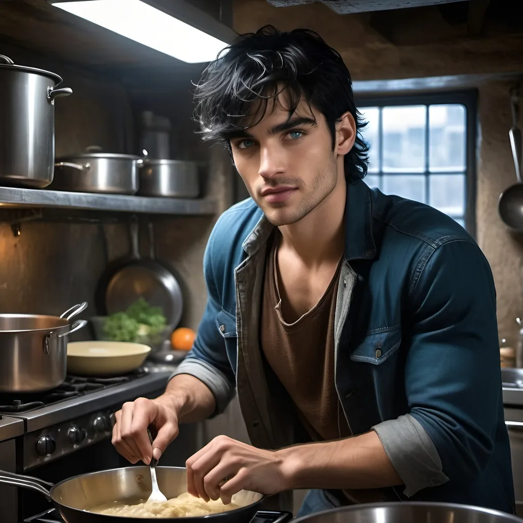 Prompt: handsome, black hair, blue-eyed young man, innocent face,  grinning, underground, cooking in the kitchen, with sofia Boutella, intense atmosphere, dramatic  low  professional lighting, winter, post apocalyptic urban fantasy setting, dramatic lighting, intricate architectural details, high quality, realistic fantasy, urban setting, detailed expressions, dramatic lighting, 