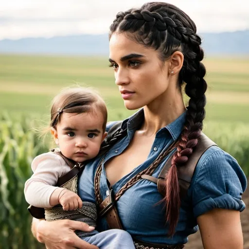 Prompt:   woman with braided hair and sofia Boutella features ready for fight, a baby strapped to her chest, and braided hair western, set in travel, midwest farm
