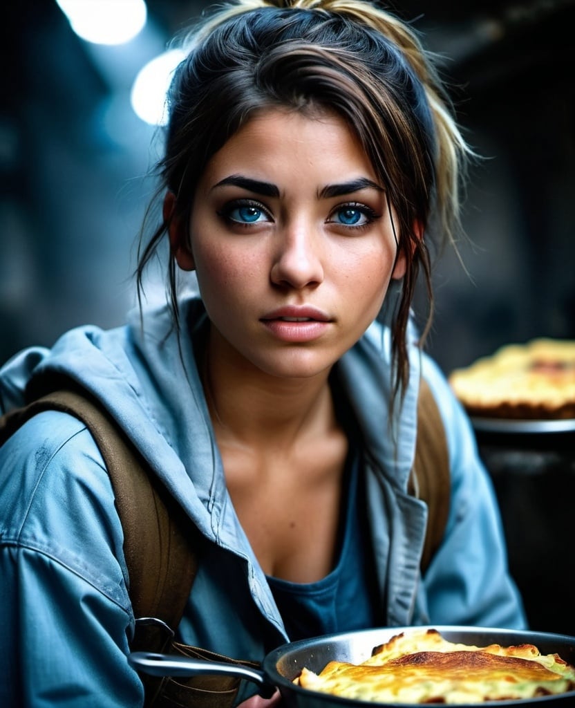 Prompt: Kianna, average looking, young rugged, homeless, 19 year old girl, baggy clothes, loves to cook, cinematic, heroic, pie, omlette, epic lighting, cool tones, detailed eyes, professional, gritty atmosphere, intense atmosphere, dramatic low professional lighting, post-apocalyptic setting, detailed eyes, highres, intense atmosphere, professional lighting, post-apocalyptic,, dramatic, rebel medic, blue tones