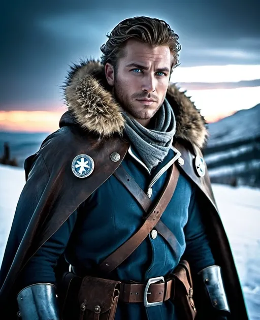 Prompt: The sandy hair man with small eyes man he would later come to find out was Burgess, smirk. intense cruel, gaze, worn leather armor, fur-lined cloak, snowy landscape, high quality, cinematic, heroic, epic lighting, cool tones, detailed eyes, professional, gritty atmosphere,intense atmosphere, dramatic low professional lighting, post-apocalyptic winter setting, detailed eyes, highres, intense atmosphere, professional lighting, post-apocalyptic, winter, dramatic, rebel medic, blue tones
