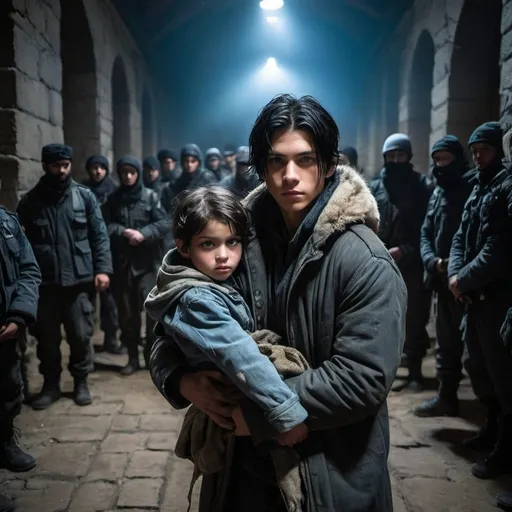 Prompt: handsome, black hair, blue-eyed 16 year old homless boy, wearing old worn out  and patched up peet coat, carrying small young female child in his arms, guarded by masked soldiers, kidnappers,  black gothic temple setting, Refugee, intense low light atmosphere, dramatic lighting, dynamic composition, gritty, Warzone, captive, rebellious, dramatic lighting, professional lighting