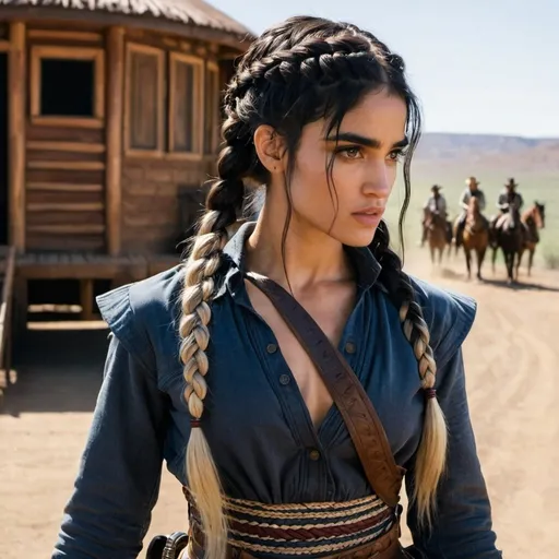 Prompt:   woman with braided hair and sofia Boutella features poised to defend herself in a fight, a baby in papoose strapped to her chest, and braided hair western, set in travel, midwest
