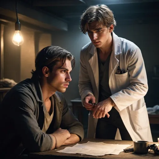 Prompt:  male  young, male sandy hair physician Victatrain,  battle weary, worry,  helps to a handsome dark hair young man, resistance, rebels, injured, underground, gritty, sitting a table, cinematic, dramatic, moody lights

