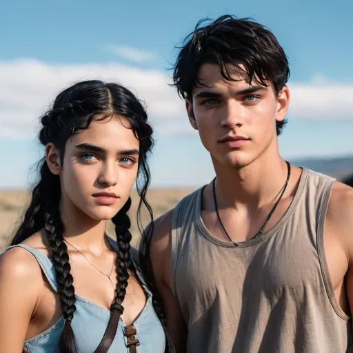 Prompt: handsome 18-year-old young man with  black hair and innocent icy blue eyes, sweet face, standing next to woman with sofia boutella-like face with brown eyes, her braided hair, post apocalypse summer  emotional,