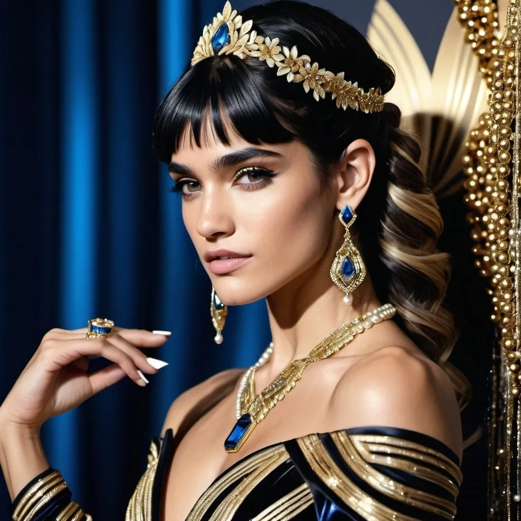 Prompt: Ingush , Sofia Boutella-like woman in a Ingush black silk and shimmering gold dress, adorned with blue and gold jewels, gold coiling bands on arms, pearl rings on fingers, hair swept up high and cascading onto left shoulder, high fashion, detailed facial features, luxurious material, highres, elegant, glamorous, sophisticated, shimmering, opulent, detailed hair, professional lighting Ingush