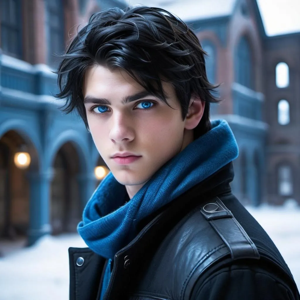 Prompt: handsome, black hair, blue-eyed 18 year old man, innocent face,   rebels. intense atmosphere, dramatic  low  professional lighting, winter, post apocalyptic urban fantasy setting, dramatic lighting, intricate architectural details, high quality, realistic fantasy, urban setting, detailed expressions, dramatic lighting, 