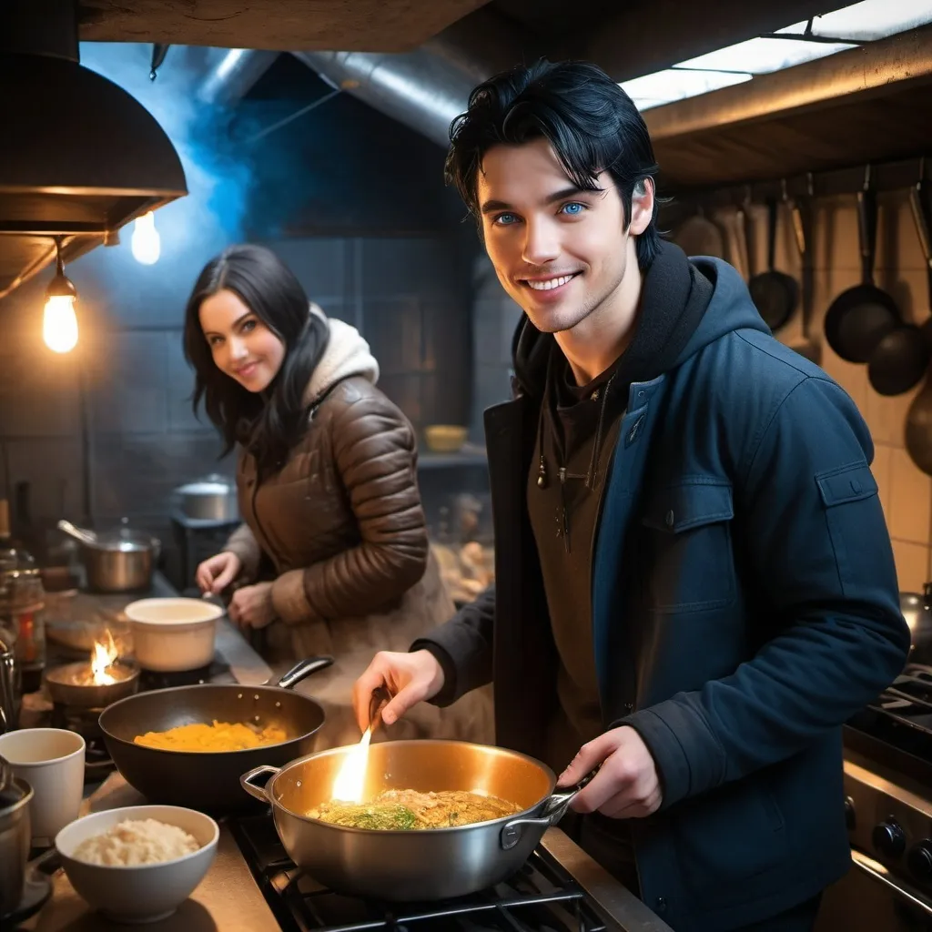 Prompt: handsome, black hair, blue-eyed young man, innocent face,  grinning, underground, cooking in the kitchen, with his wife intense atmosphere, dramatic  low  professional lighting, winter, post apocalyptic urban fantasy setting, dramatic lighting, intricate architectural details, high quality, realistic fantasy, urban setting, detailed expressions, dramatic lighting, 