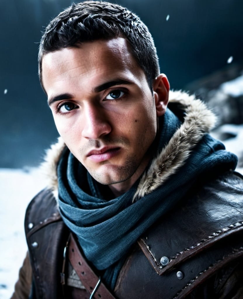 Prompt: Leader of the Northern Resistance, 30-year-old male hero, spy, rugged and weathered appearance, intense and determined gaze, worn leather armor, fur-lined cloak, snowy landscape, high quality, cinematic, heroic, epic lighting, cool tones, detailed eyes, professional, gritty atmosphere,intense atmosphere, dramatic low professional lighting, post-apocalyptic winter setting, detailed eyes, highres, intense atmosphere, professional lighting, post-apocalyptic, winter, dramatic, rebel medic, blue tones