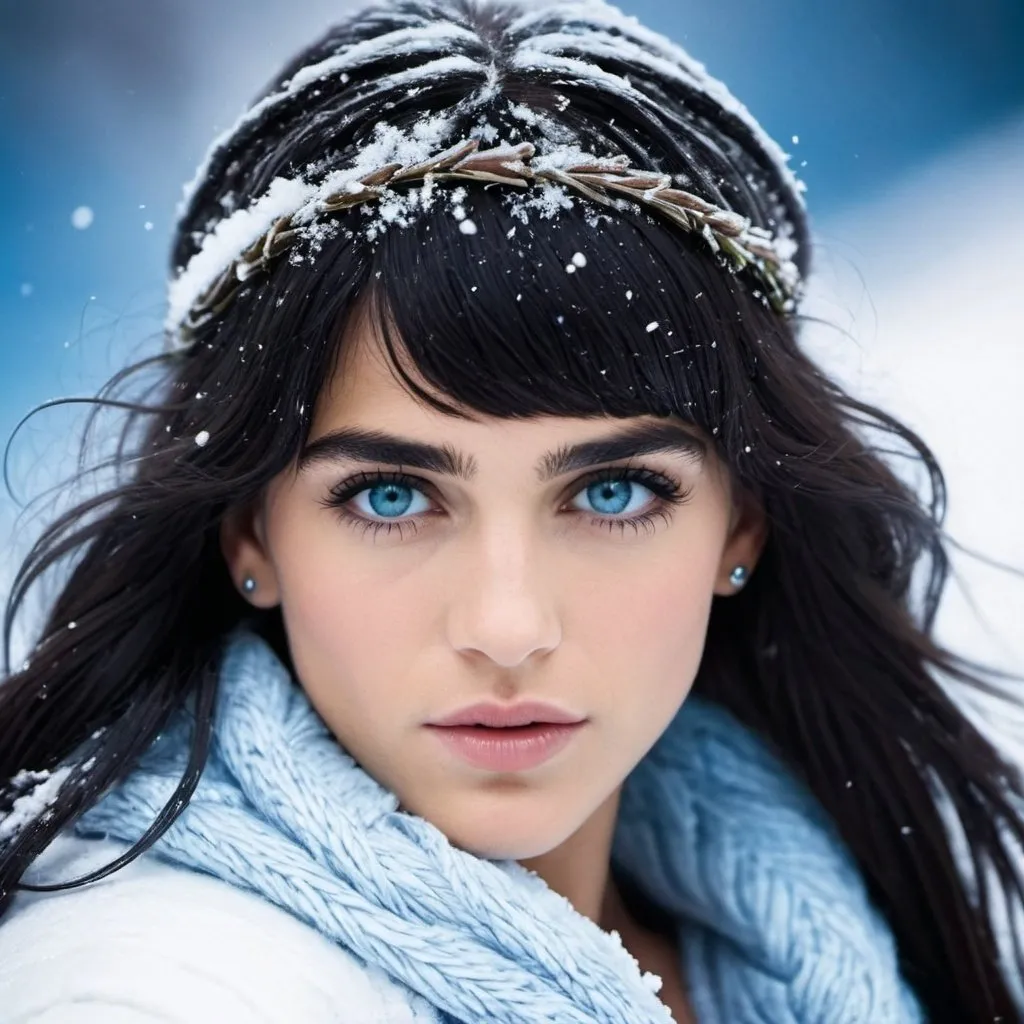 Prompt: create an image of the one new born child with icy blue eyes, mother is sofia Boutella, set in western germany, dark hair, icy blue eyes, western winter,

