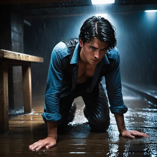 Prompt: drenched, sopping wet, young man with black hair and blue eyes, made no attempt to stand from the small plank knowing he was incapable and hunched over his knees, face  in his hands, covering his face.    injured, resistance, rebels, underground, cinematic, dramatic, moody lighting, gritty, table scene, detailed facial expressions, professional, highres, cinematic lighting, dramatic storytelling