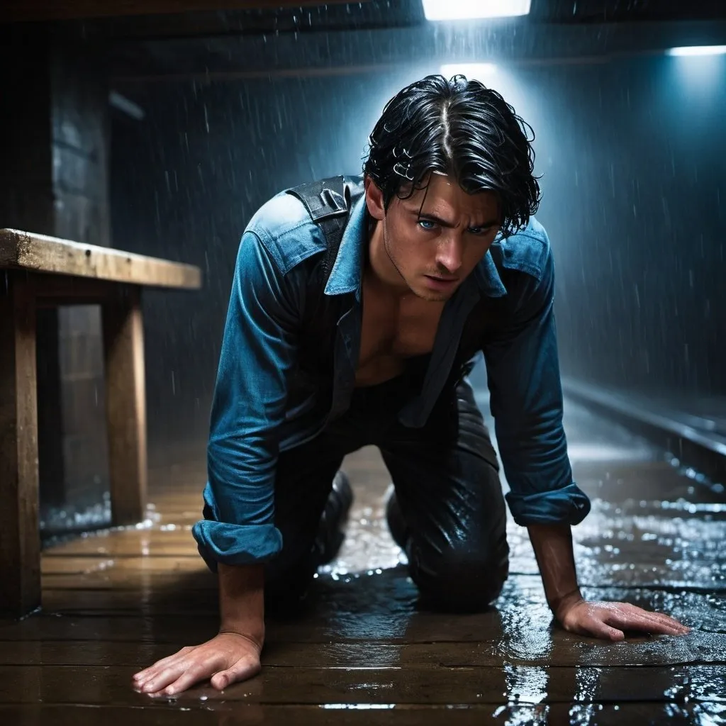 Prompt: drenched, sopping wet, young man with black hair and blue eyes, made no attempt to stand from the small plank knowing he was incapable and hunched over his knees, face  in his hands, covering his face.    injured, resistance, rebels, underground, cinematic, dramatic, moody lighting, gritty, table scene, detailed facial expressions, professional, highres, cinematic lighting, dramatic storytelling