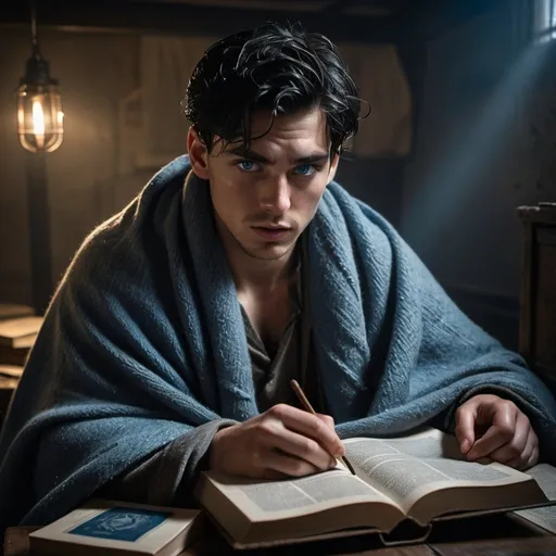 Prompt:  wet hair soaked, exhausted young man with black hair and blue eyes,  wrapped  in a gray wool blanket, Holds a book in front of him. Book has a blue Council stamp, bunker room, no window, one caged light.
   injured, resistance, rebels, bunker room, underground, cinematic, dramatic, moody lighting, gritty, table scene, detailed facial expressions, professional, highres, cinematic lighting, dramatic storytelling