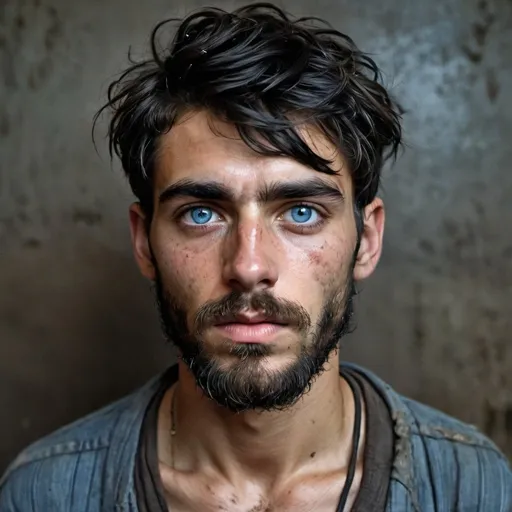 Prompt: full image, Handsome but starved, holocaust thin, emaciated, young 20-year-old with longish black hair and  long bangs, gaunt, beard and intense blue eyes, bruises, convict, thin, heavy beard, escaped at night, injured, in metal dump,  big beard, escaping 1880's prison, tattered , poor ripped, old, dirty clothes, gaunt, battle injury, future, poverty, rebels, war, refugee rebels, gritty, escape, on the run, evade, night time, facial hair, sorrowful