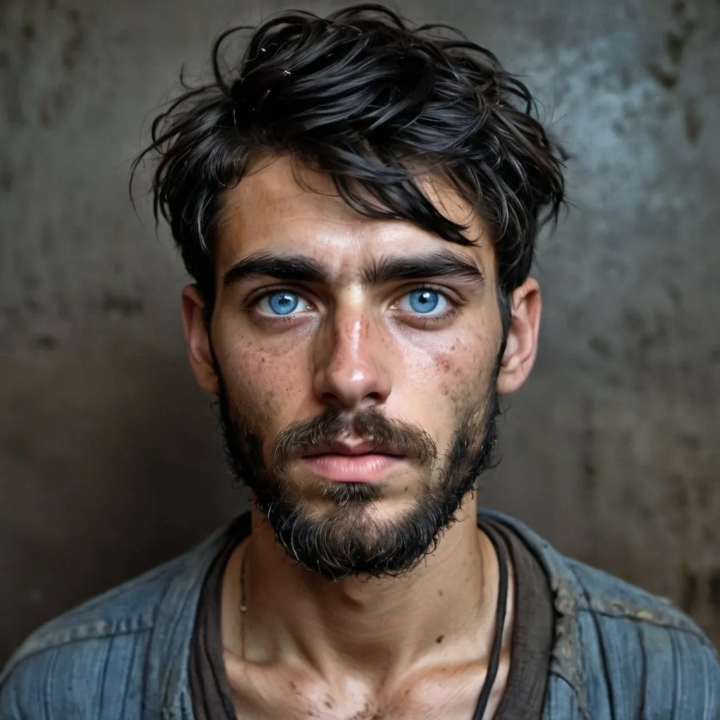 Prompt: full image, Handsome but starved, holocaust thin, emaciated, young 20-year-old with longish black hair and  long bangs, gaunt, beard and intense blue eyes, bruises, convict, thin, heavy beard, escaped at night, injured, in metal dump,  big beard, escaping 1880's prison, tattered , poor ripped, old, dirty clothes, gaunt, battle injury, future, poverty, rebels, war, refugee rebels, gritty, escape, on the run, evade, night time, facial hair, sorrowful