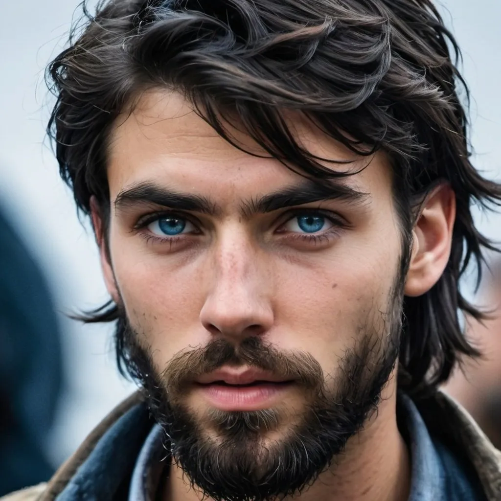 Prompt: full image, Handsome, starved, thin, emaciated, young 20-year-old with black hair and  long bangs, gaunt, beard and intense blue eyes, bruises, convict, thin, heavy beard, escaped at night, injured, in metal dump,  big beard, escaping POW, tattered, poor ripped, old, dirty clothes, gaunt, battle injury, future, poverty, rebels, war, refugee rebels, gritty, escape, on the run, evade, night time, facial hair, sorrowful, thick beard,