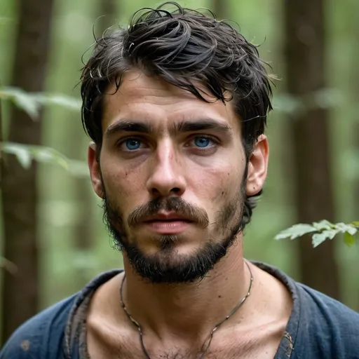 Prompt: Handsome but starved, thin, 22-year-old with longish black hair and  long bangs, gaunt, beard and intense blue eyes, bruises, convict, thin, heavy beard, escaped at night, injured, in woods,  big beard, escaping 1880's prison, tattered , poor ripped, old, dirty clothes, gaunt, battle injury, future, poverty, rebels, war, refugee rebels, gritty, escape, on the run, evade, night time, facial hair