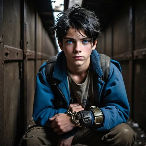 Prompt: handsome, black hair, blue-eyed 18 year old homeless boy, detained, handcuffs,  dark  tunnel, surrounded by post apocalyptic soldiers, intense atmosphere, dramatic  low lighting, dynamic composition, gritty, Warzone, captive, rebellious, dramatic lighting, professional lighting, winter, post apocalyptic