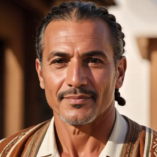 Prompt: Algerian middle-aged man with toned muscles, named Alessario Bancroft, wearing island clothes, short braided hair, uncle, detailed facial features, traditional art style, warm earthy tones, natural lighting, high quality, detailed muscles, cultural attire, personal connection, traditional, warm lighting